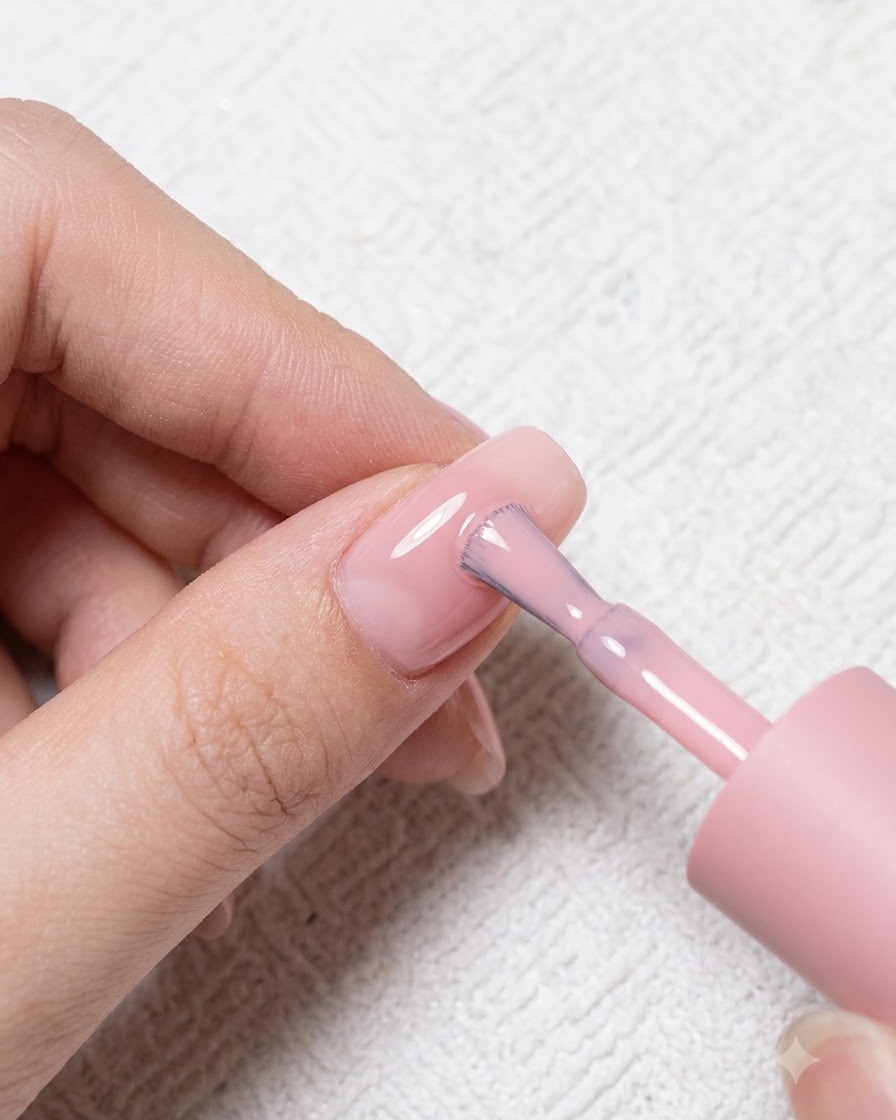 Ein Nagelpinsel trägt einen hellen rosa-nude Gel-Nagellack auf einen natürlichen Fingernagel auf.