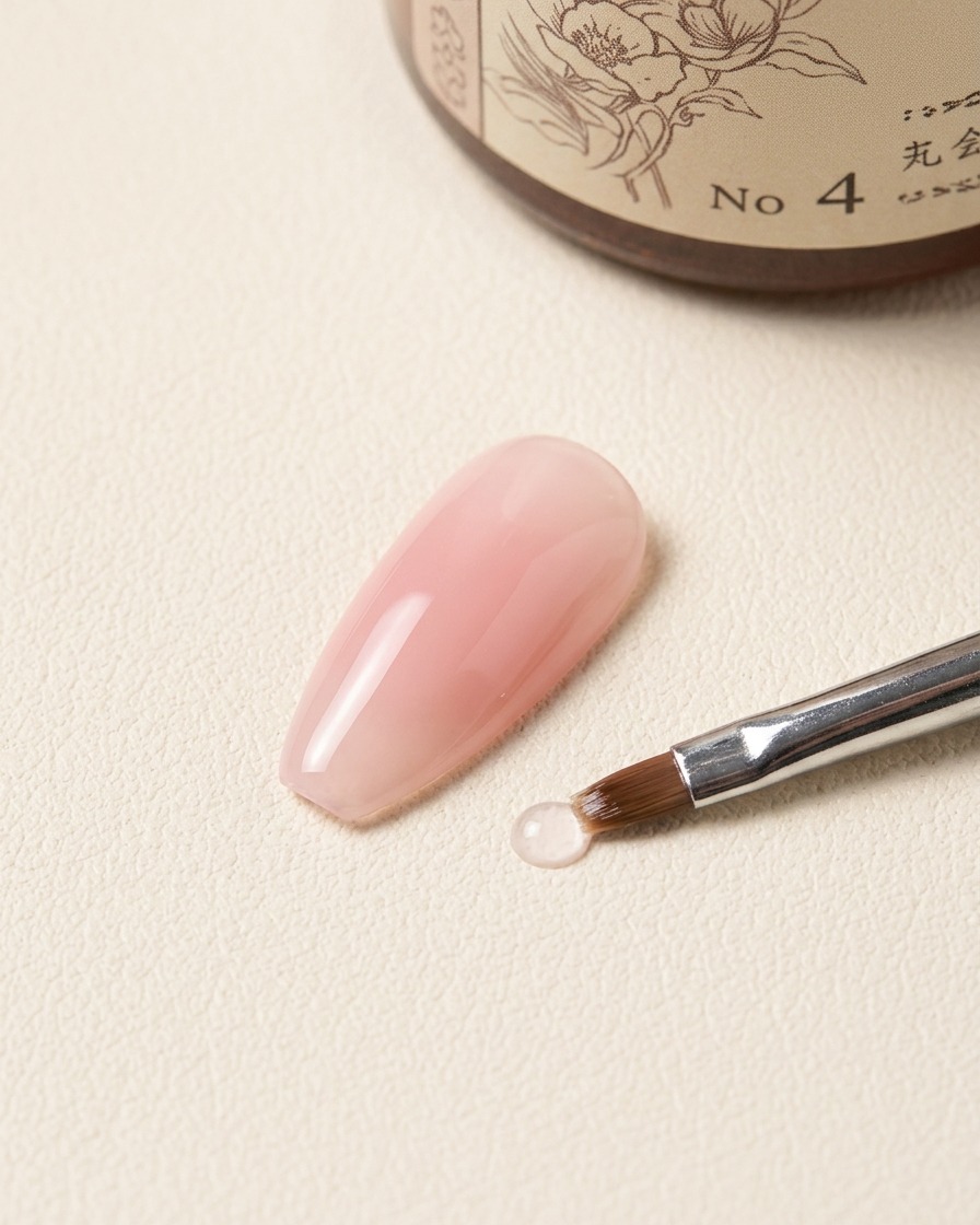 Ein Nailart-Pinsel liegt neben einem Tropfen klarem Blooming Gel auf einem texturierten Hintergrund neben einer Produktflasche mit der Aufschrift No 4.