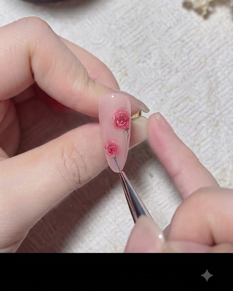 Ein feiner Pinsel malt einen dünnen grünen Stängel und ein Blatt, die die rosa Rosenkunst auf einem Nagel verbinden.