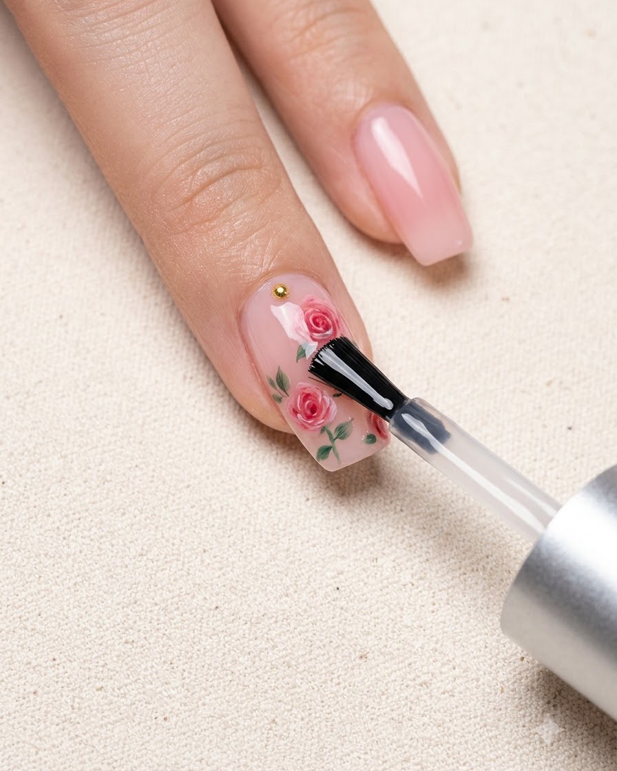 Ein Pinsel trägt einen klaren Top Coat über ein florales Nailart-Design auf.