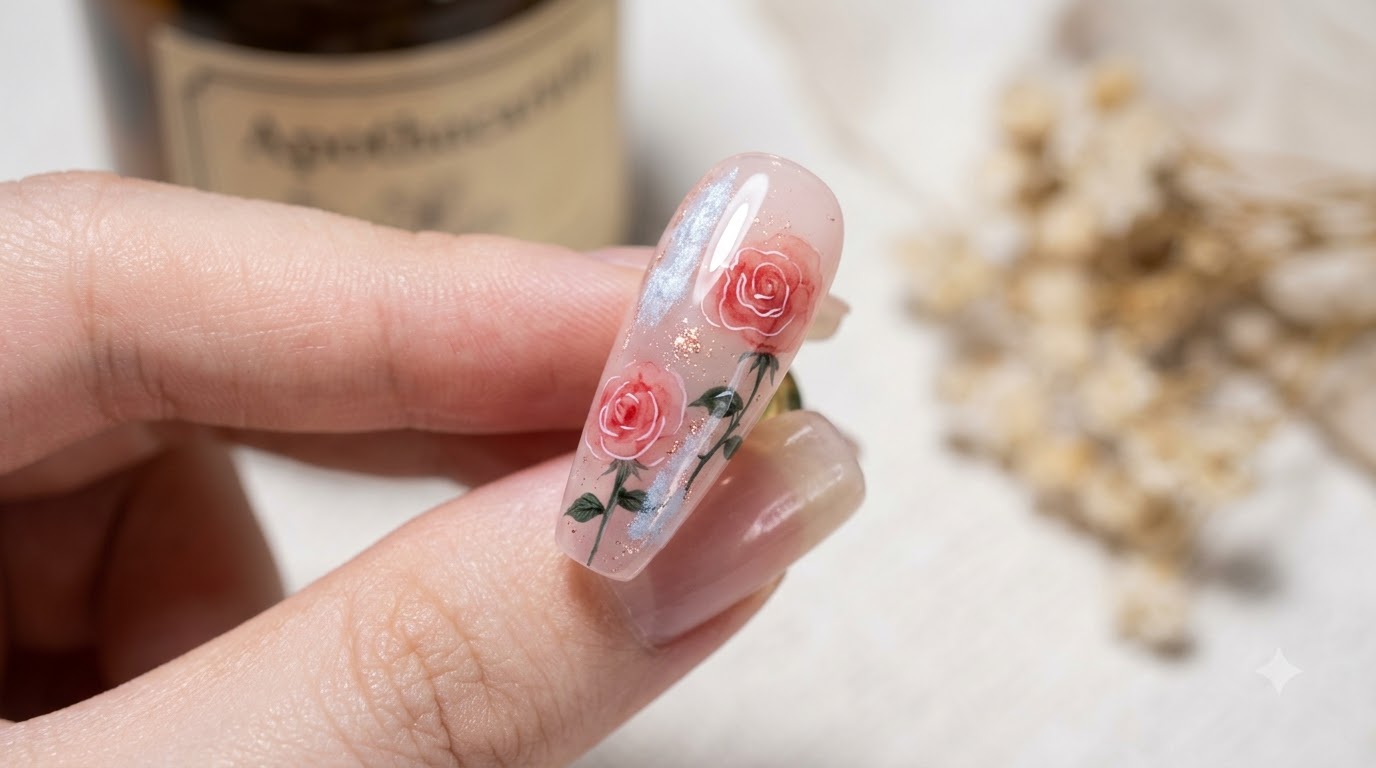 Wolken-Aquarell-Blumenrosen-Nageldesign — Schritt-für-Schritt-Anleitung