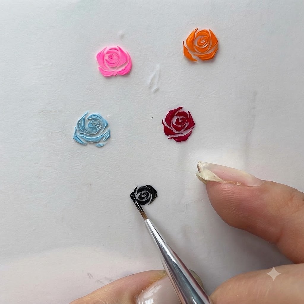Eine Nahaufnahme eines Liner-Pinsels, der die Außenkanten eines gemalten Gelrosen-Designs akribisch verfeinert.