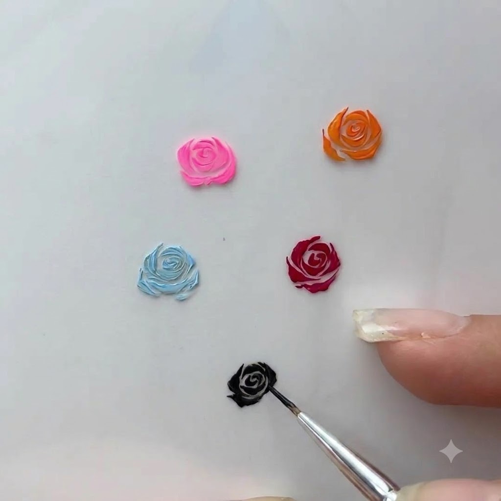 Ein dünner Nagelkunst-Detailpinsel, der dunkle innere Spiralstriche auf einem kleinen gemalten Rosen-Gel-Design umrissen.