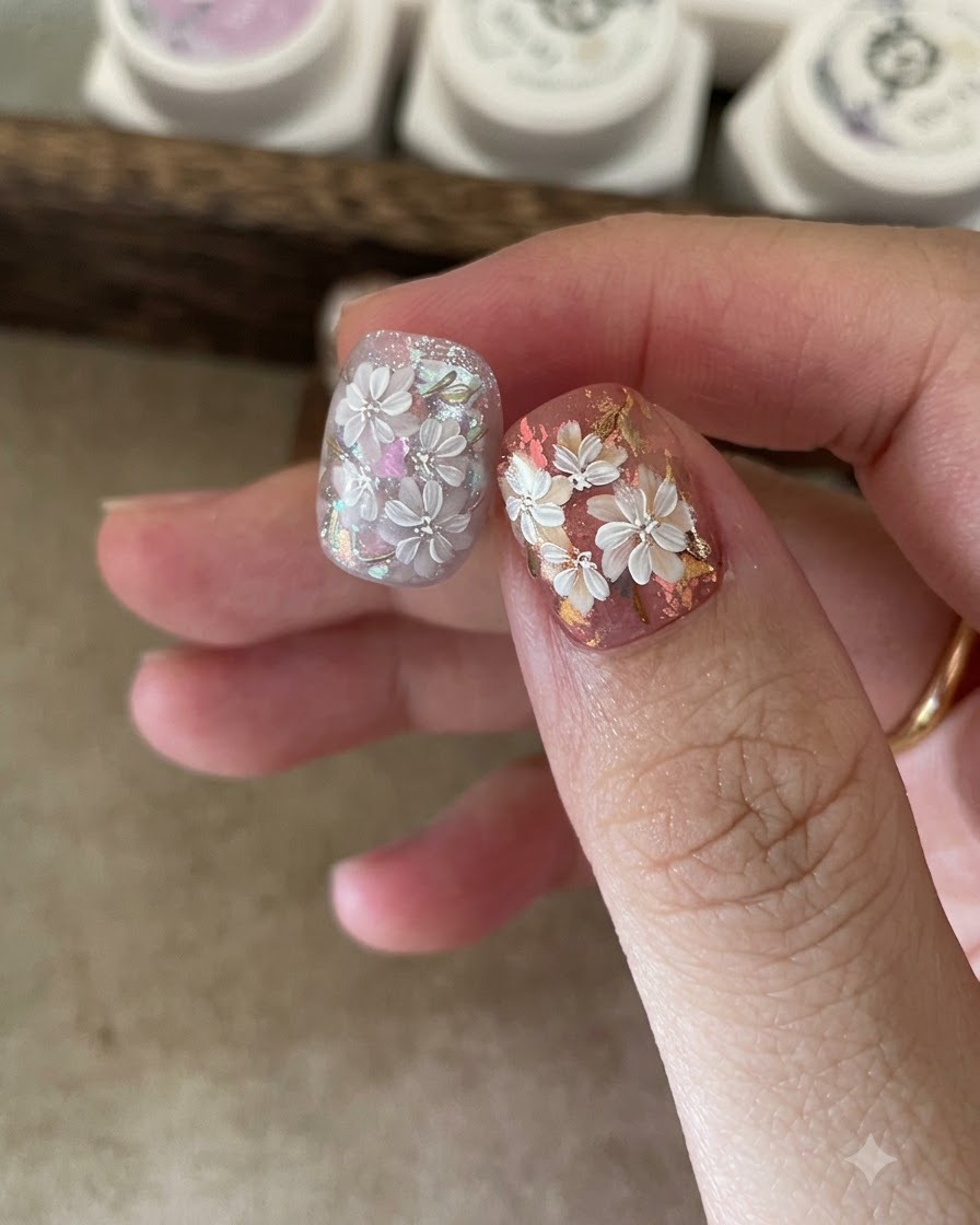 Ein Pinsel trägt einen matten Top Coat über ein handgemaltes florales Nageldesign auf.