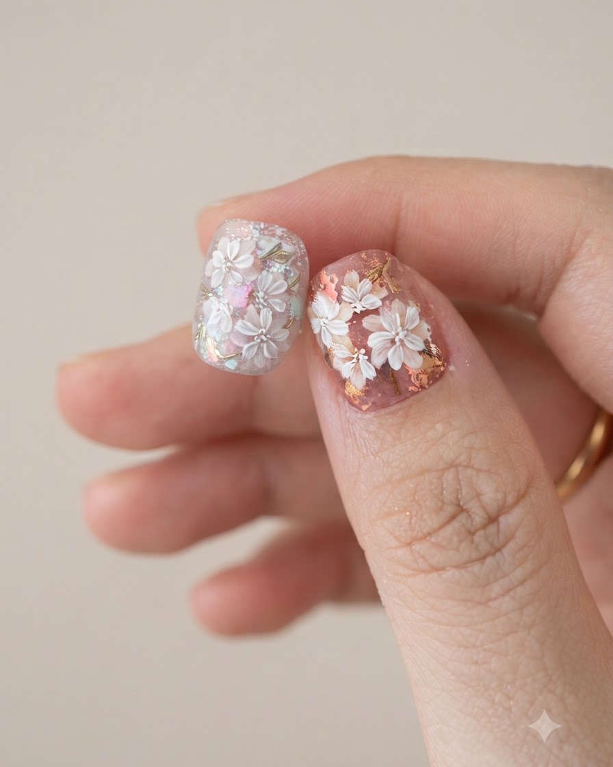 Ein feiner Liner-Pinsel malt detaillierte Blattumrisse mit farbigem Gel neben weißen Blumen.