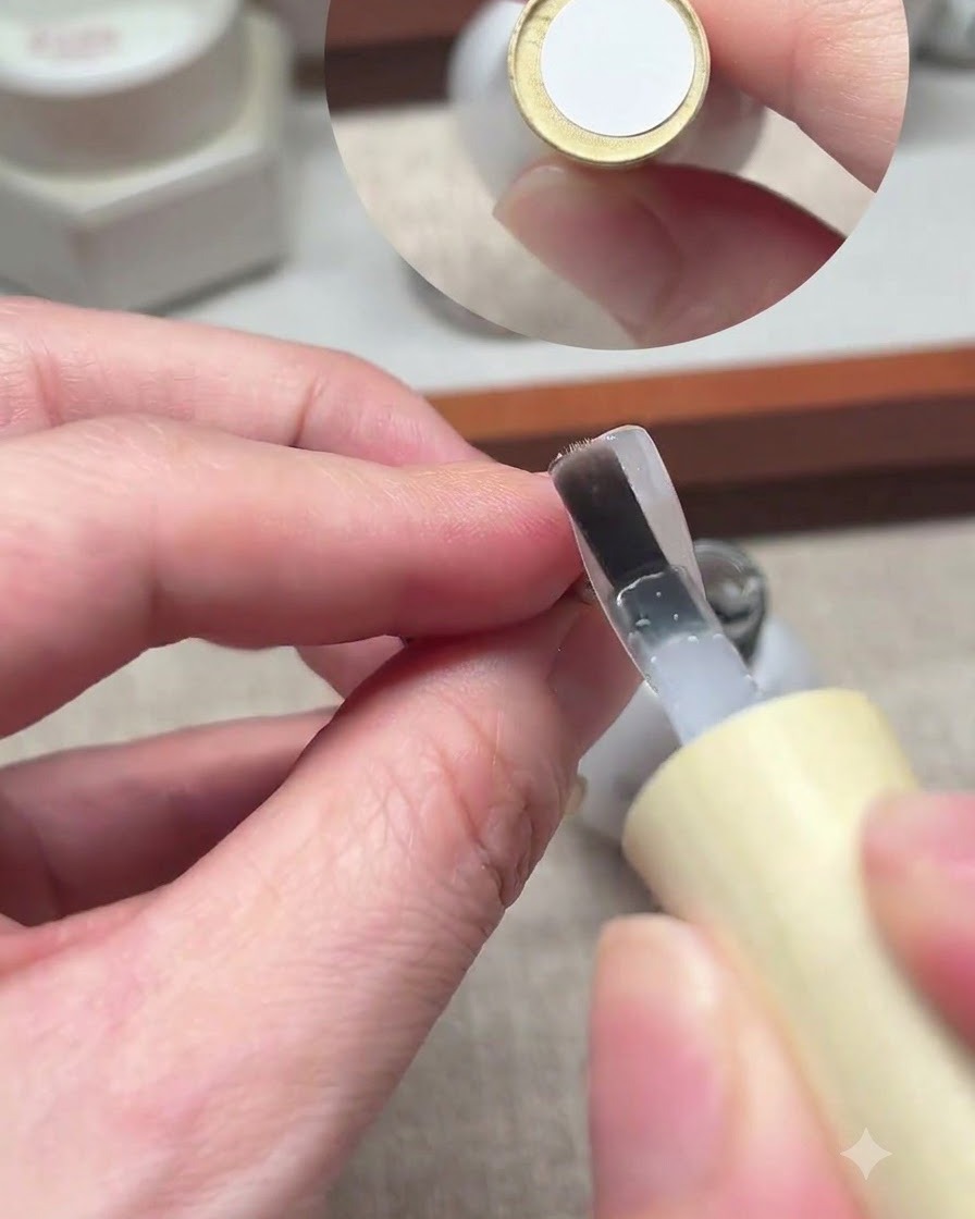 Ein Dotting Tool hält einen Tropfen rotes Gel über einem Nagel.