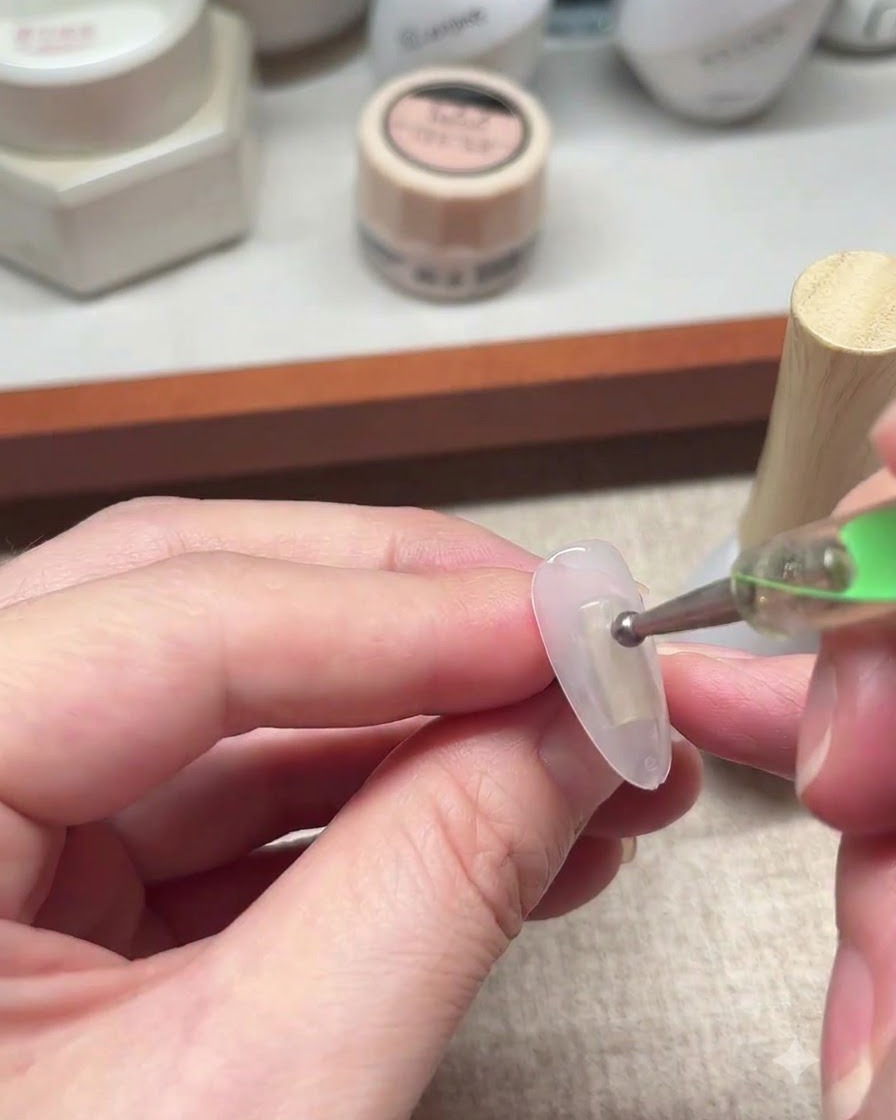 Nahaufnahme einer Hand, die ein Dotting Tool mit einer Metallkugelspitze hält und einen kleinen blauen Geltropfen auf einen Nagel platziert.