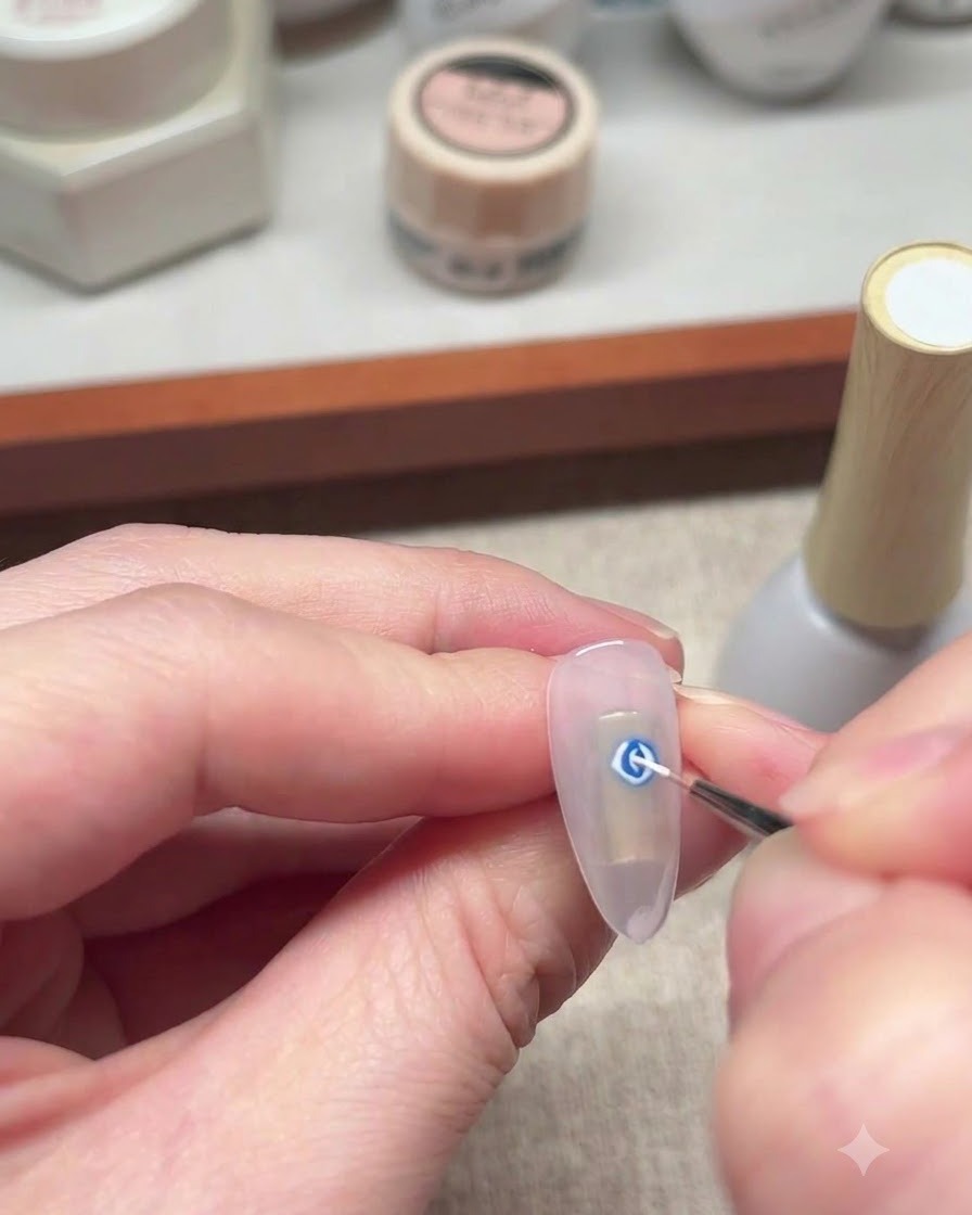 Ein feiner Liner-Pinsel zeichnet weiße Spirallinien über das verlaufende blaue Gel-Design.