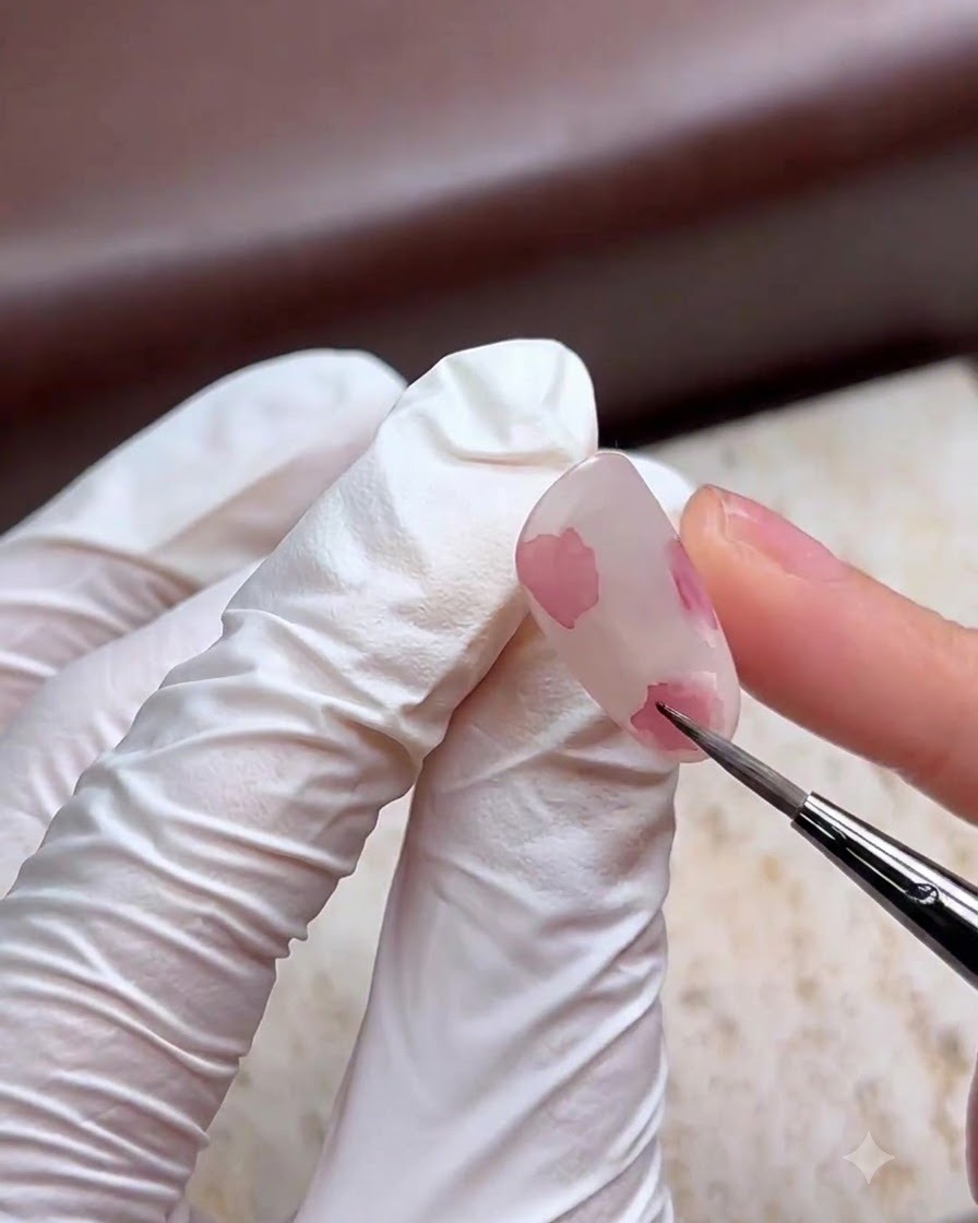 Ein feiner Pinsel tupft rosa Aquarellpigment auf einen Nagel, um weiche Farbblöcke zu erzeugen.
