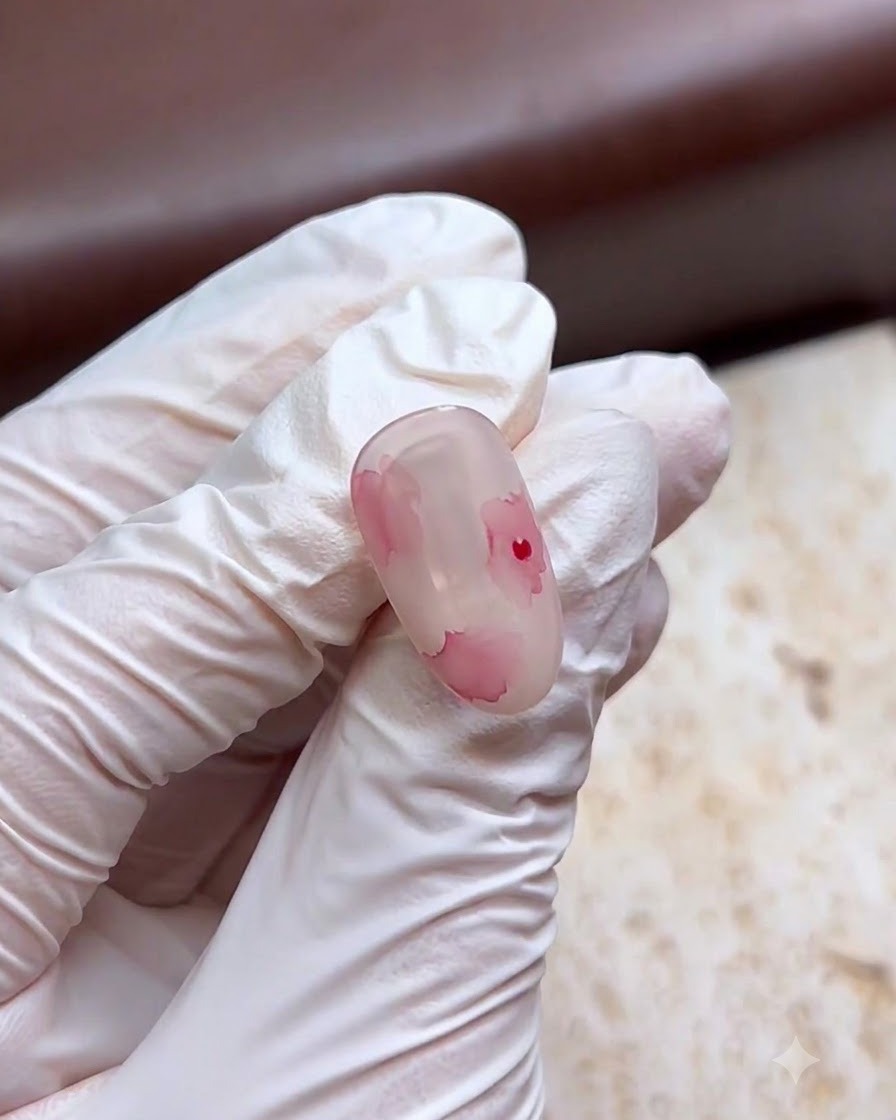 Ein feiner Nail-Art-Pinsel mal eine zarte, wie eine Ziffer sechs geformte Blütenmitte auf einen Aquarell-Nagel.