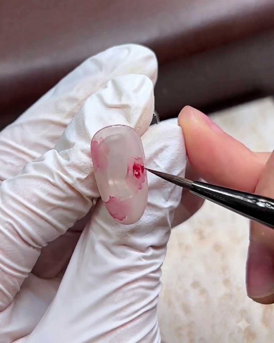 Eine Nahaufnahme einer behandschuhten Hand, die mit einem feinen Pinsel rosa Rosenblätter auf einen milchig-durchscheinenden Nagel malt.