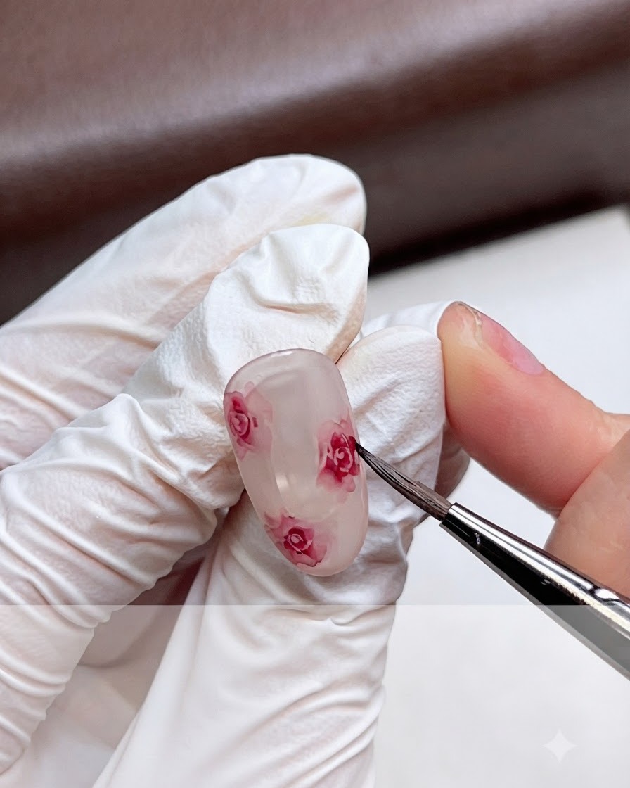 Eine behandschuhte Hand verblendet sanft die Ränder einer rosa Aquarellrose auf einem Gelnagel mit einem feinen Pinsel.