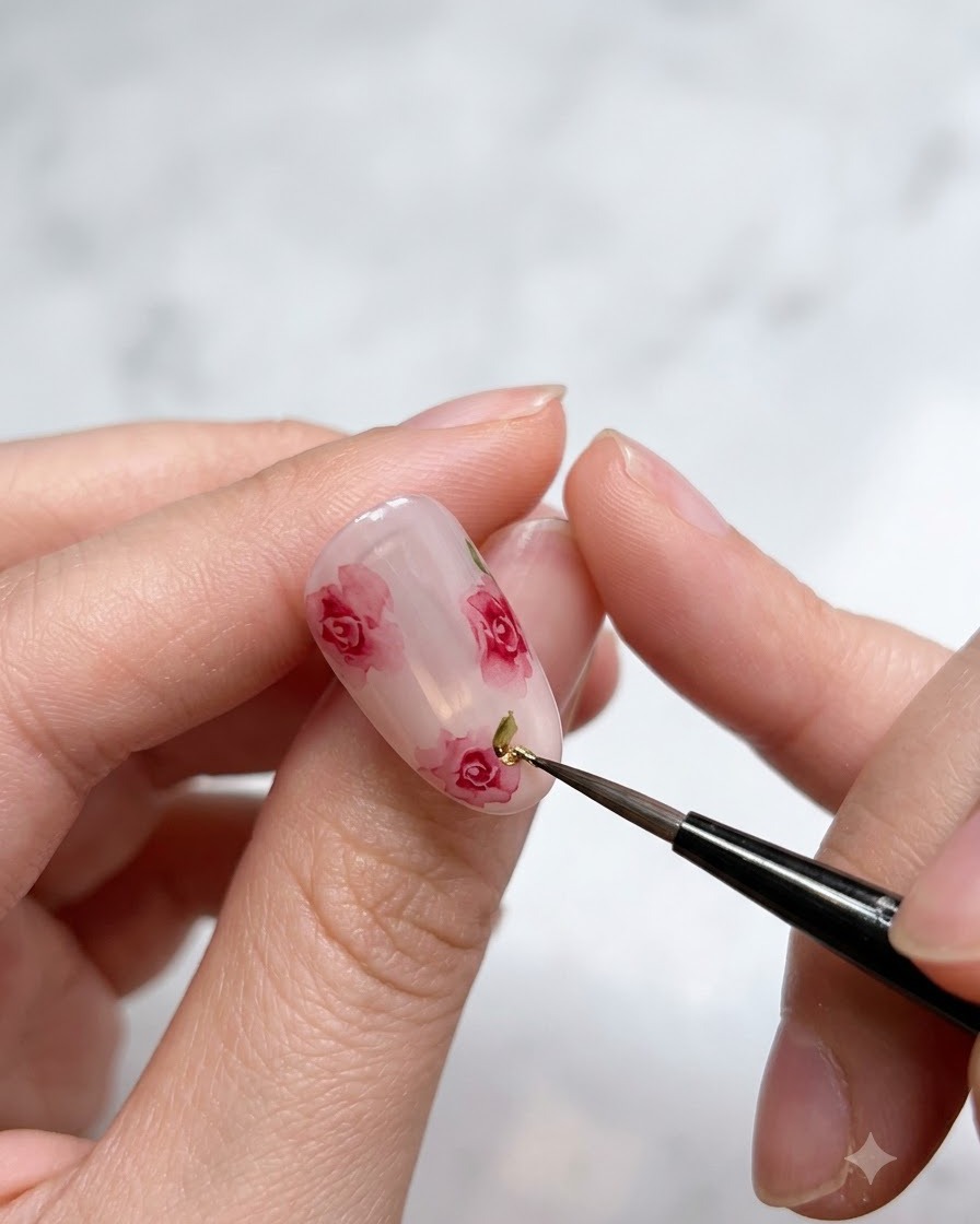 Eine Nahaufnahme einer Hand, die winzige grüne Blattdetails neben Aquarellrosen auf einem Nagel malt.