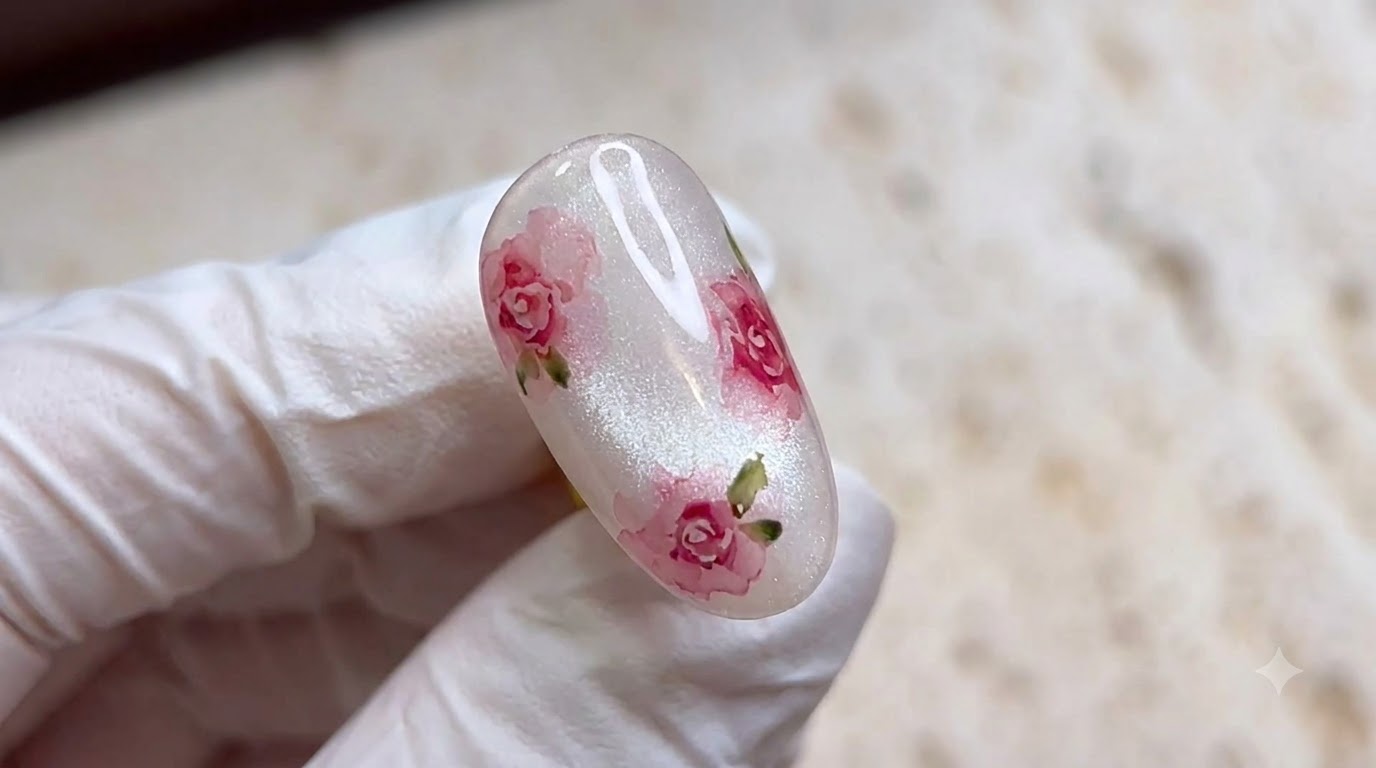 Watercolor-Rosen-Nageldesign – Zarte Glasperlen-Cat-Eye-Maniküre