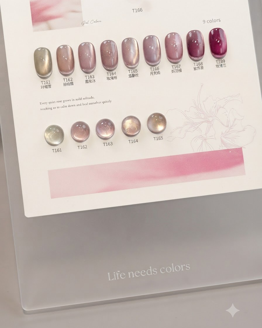 Eine Displaykarte zeigt verschiedene Gel-Nagellack-Farbproben, darunter Farbton 164 aus der Chantilly-Rose-Kollektion.