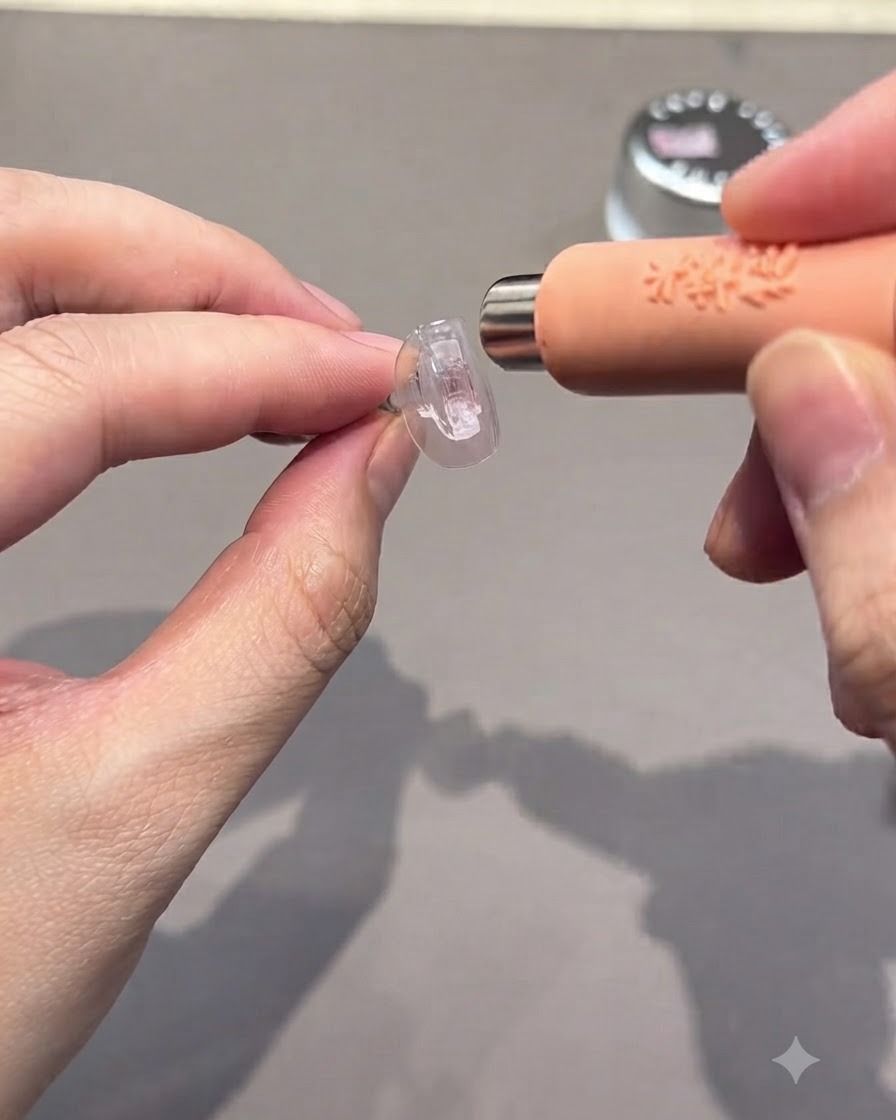 Hände halten einen klaren Nagelausstellungsständer, während ein Magnetstift nahe an der Oberfläche positioniert ist.
