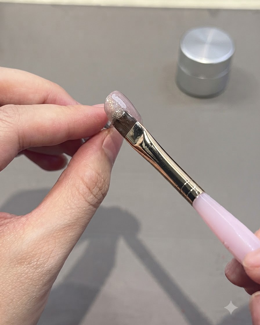 Ein Nail-Art-Pinsel trägt eine glatte Gelschicht auf eine Nagelspitze auf.
