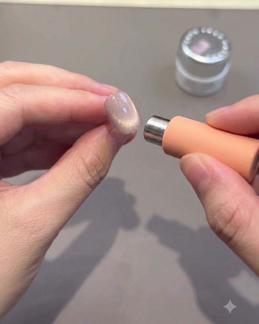 Ein Magnetwerkzeug wird nah an eine glänzende Nagelspitze gehalten, um die Lichtreflexion zu bündeln.