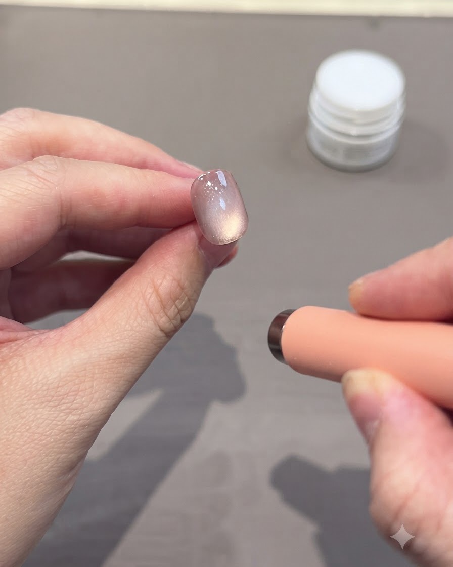 Eine UV- und LED-Lampe härtet die zweite Gelschicht auf einer Nagelspitze aus.