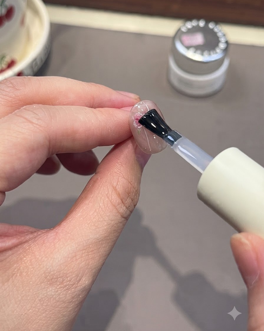 Ein Nagelpinsel trägt einen klaren Überlack auf einen Nagel mit gemalter rosa Rosen-Nail-Art auf.