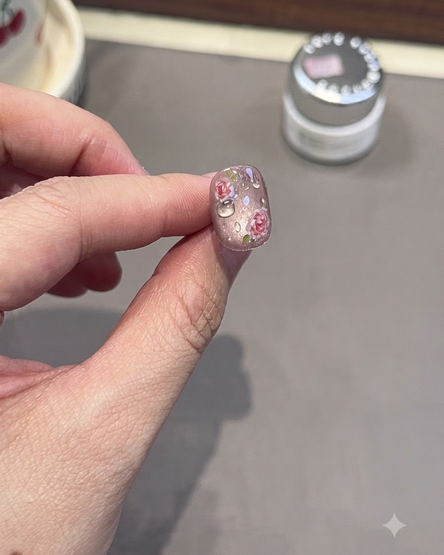 Ein fertiger Nagel zeigt 3D-Tautropfen-Effekte über einem floralen Design.