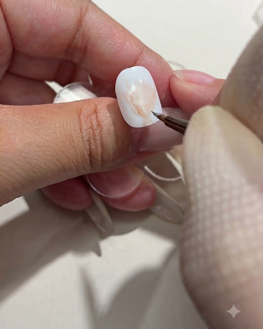 Ein feiner Detailpinsel tupft braunes Gel auf das strukturierte Geschenkpapier-Design eines weißen Nagels.
