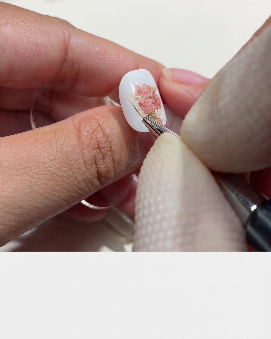 Ein feiner Liner-Pinsel zieht die Außenkante des Strauß-Geschenkpapiers mit brauner Farbe auf einer weißen Nagelbasis nach.
