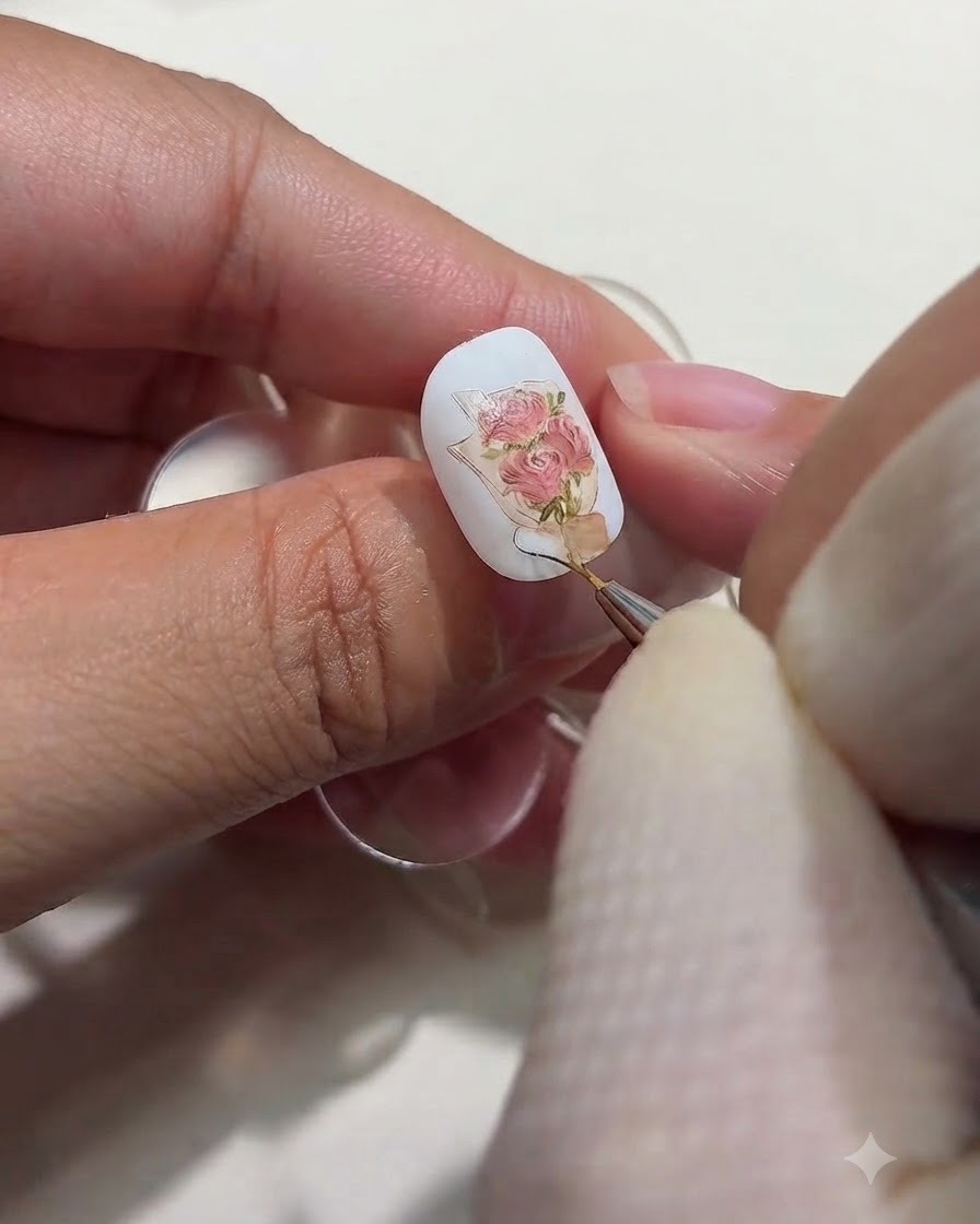 Nahaufnahme eines feinen Nail-Art-Pinsels, der eine zarte braune Schleife an der Basis eines gemalten Rosenstraußes auf einem Nagel malt.