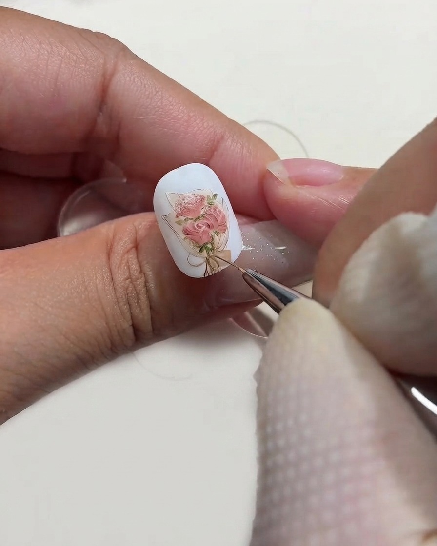 Ein feiner Detailpinsel trägt winzige weiße Highlight-Punkte auf die Blütenblätter eines gemalten Rosenstrauß-Nail-Art-Designs auf.