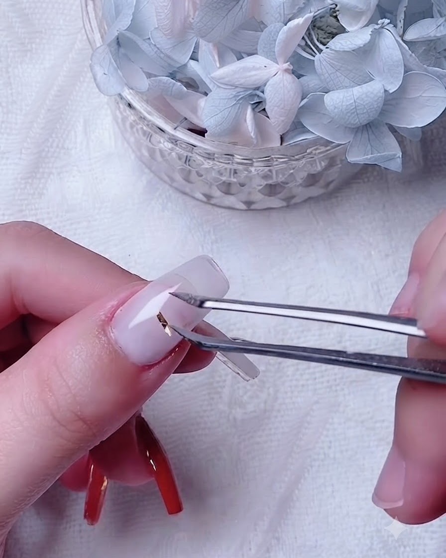 Eine Nahaufnahme eines Daumennagels, der eine gleichmäßige Schicht milchweißen Basisgels erhält.