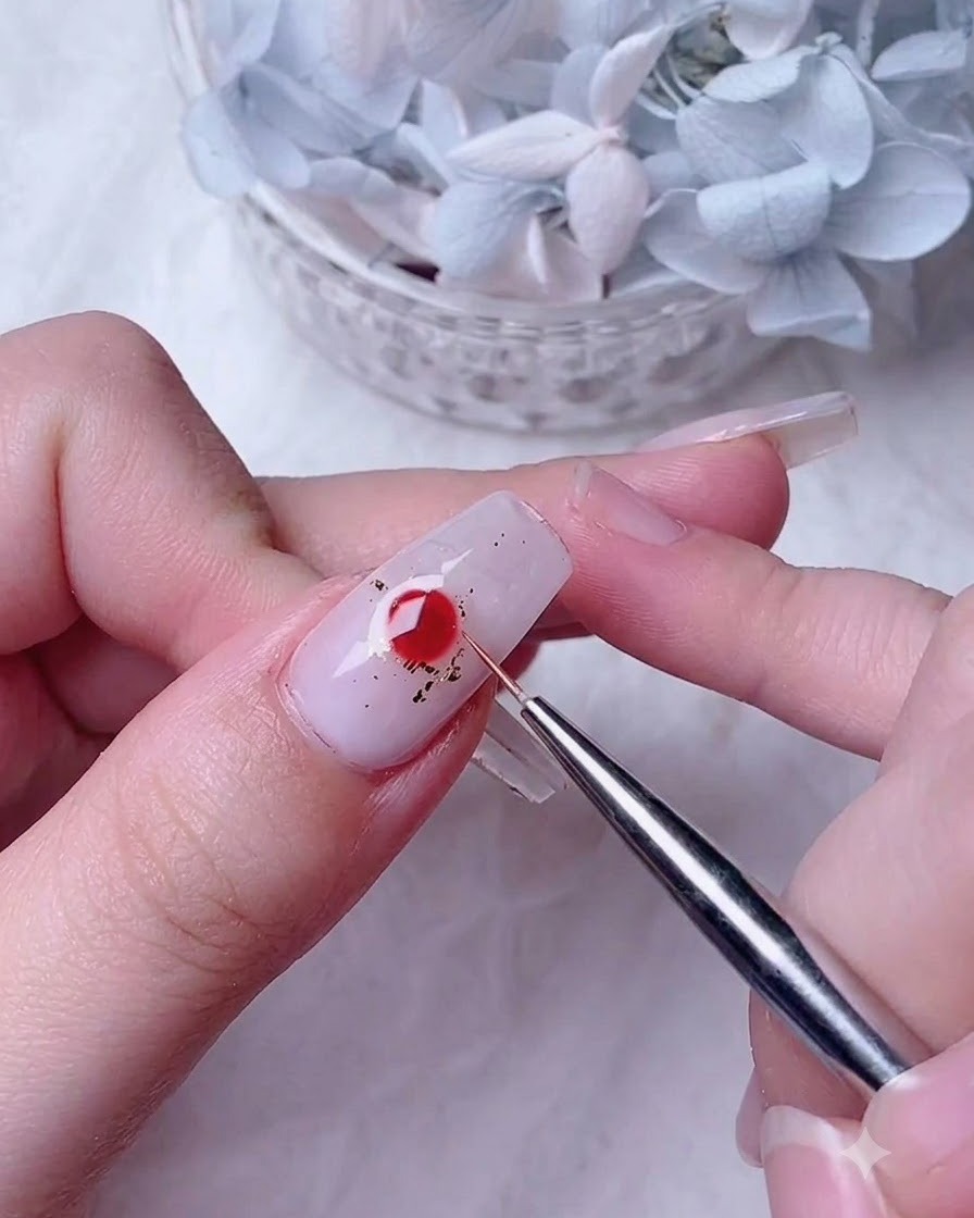 Ein Nail-Art-Pinsel trägt eine klare Schicht Blooming Gel über den Nagel mit Goldfolienflocken auf.