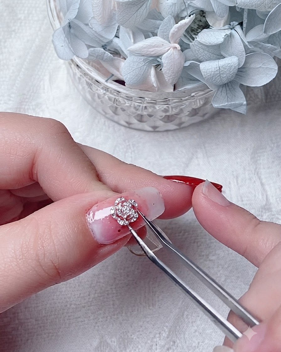 Eine Pinzette hält eine metallische Drahtblumenverzierung über einen verzierten Fingernagel.