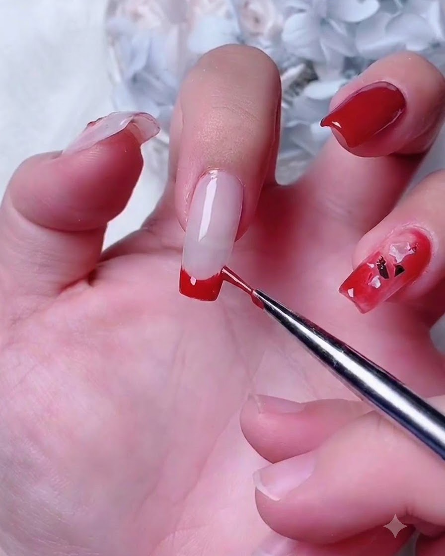 Ein Nagelpinsel trägt milchweißes Basisgel auf den Zeigefingernagel auf.