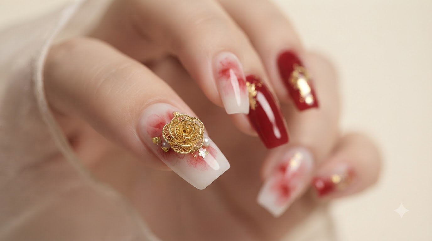 Vintage Gold Wire Rose Watercolor Nageldesign — Schritt-für-Schritt-Anleitung