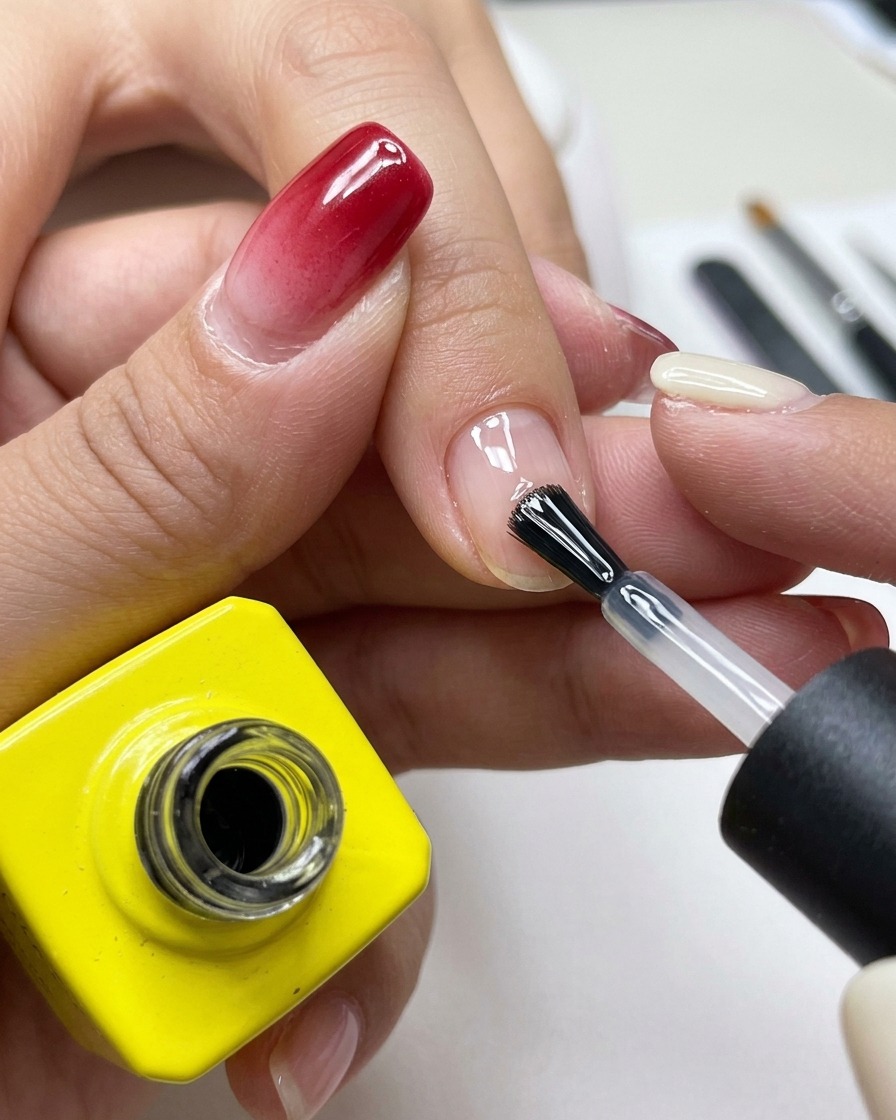 Ein professioneller Nagelpinsel trägt einen klaren, glänzenden Unterlack auf einen sauberen Naturnagel auf.