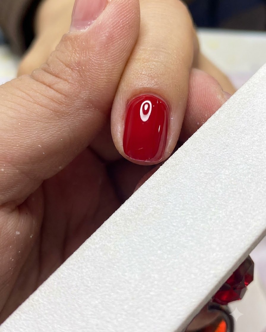 Eine weiße Nagelfeile formt und glättet sanft die Kante eines fertiggestellten roten Gelnagels.
