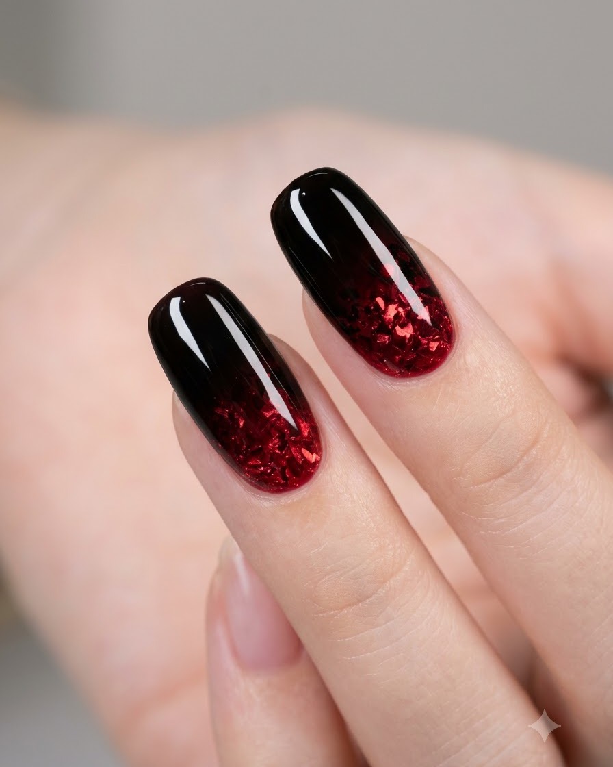 Ein Schwamm tupft schwarzes Gel in der Nähe der Nagelmitte sanft auf, um den Farbverlauf zu glätten.