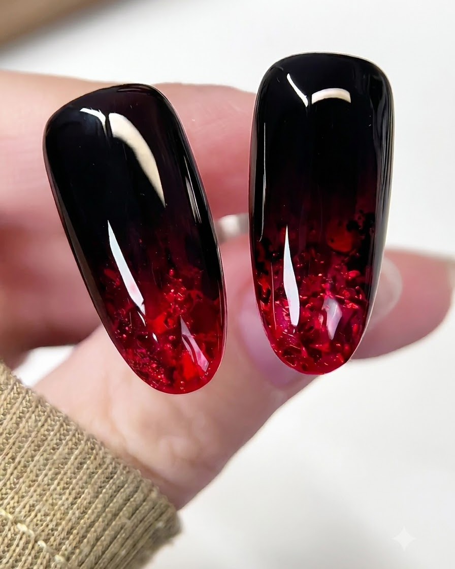 Nägel in einer UV-LED-Lampe, die die transluzente rote Schicht aushärtet.