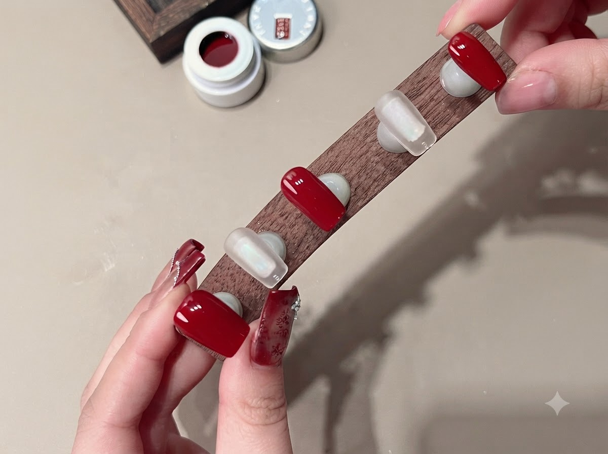 Ein Displayständer zeigt klare Nageltips mit aufgetragenem puderbeigen Cat-Eye-Gel.