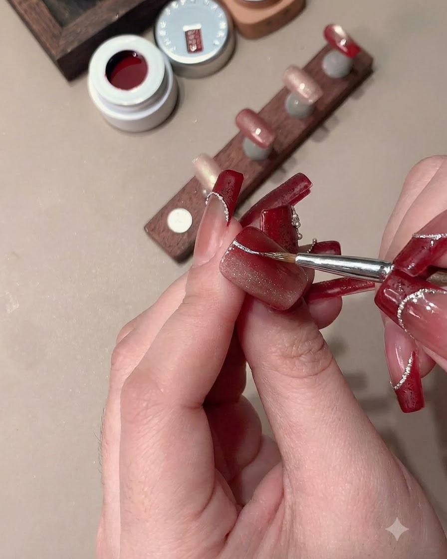 Ein feiner Detailpinsel und ein Magnet formen ein Cat-Eye-Nageldesign.