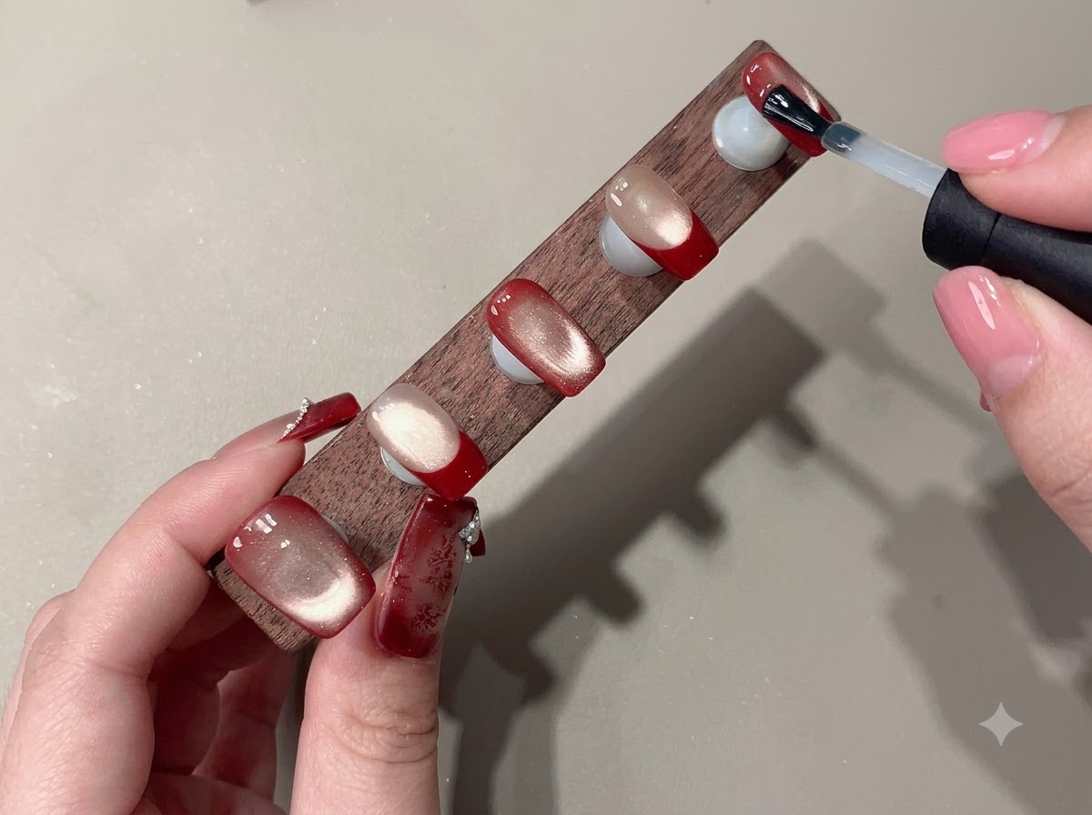 Ein Pinsel trägt rotes Gel auf eine gravierte Metall-Stamping-Platte auf.