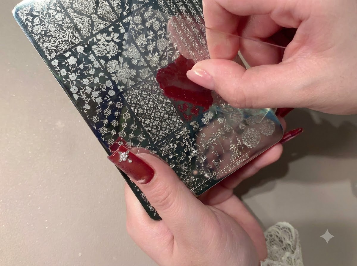 Ein Schaber entfernt überschüssiges rotes Gel von der Oberfläche einer Metall-Stamping-Platte.
