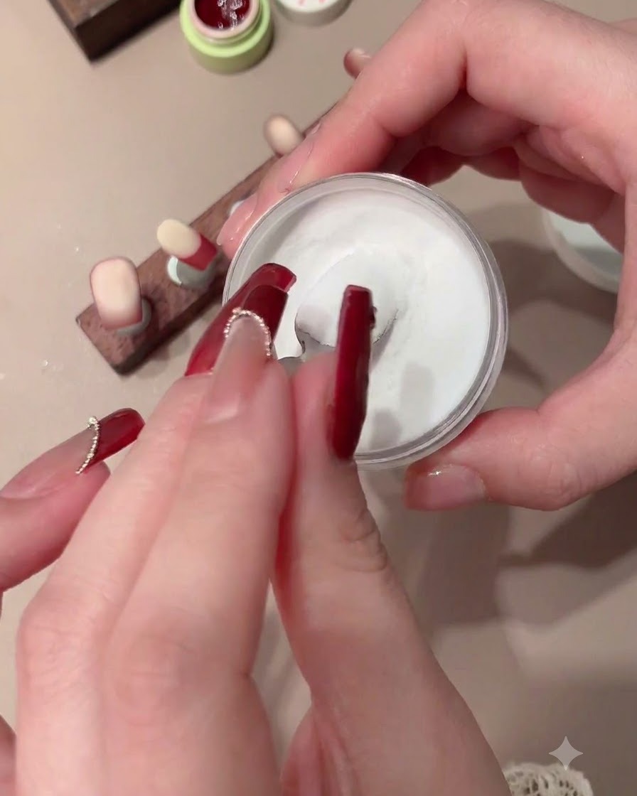 Ein Fingernagel wird in ein Gefäß mit weißem Kristallpuder getaucht.