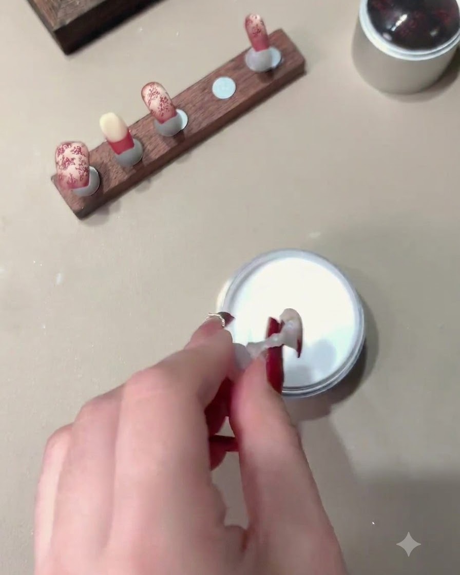 Eine Hand taucht eine gestempelte Nagelspitze in einen Behälter mit weißem Kristallpuder.