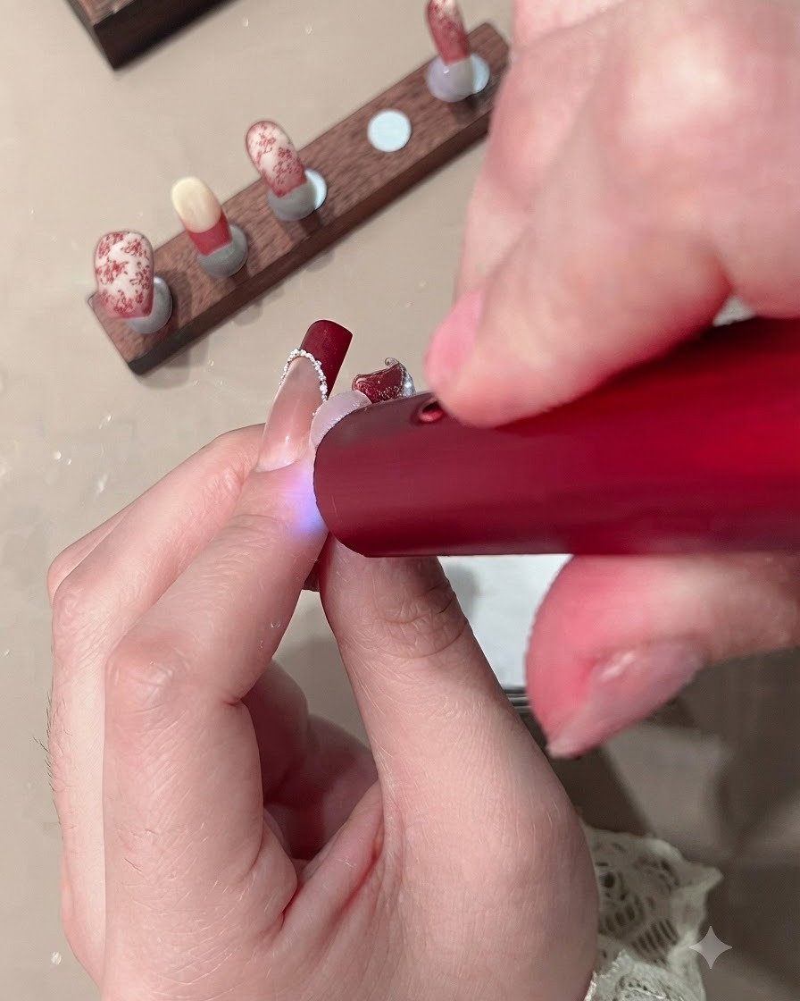 Nahaufnahme einer Hand, die eine rote Mini-UV-Lampe über einen Fingernagel hält, um das Gel der French-Spitze auszuhärten.