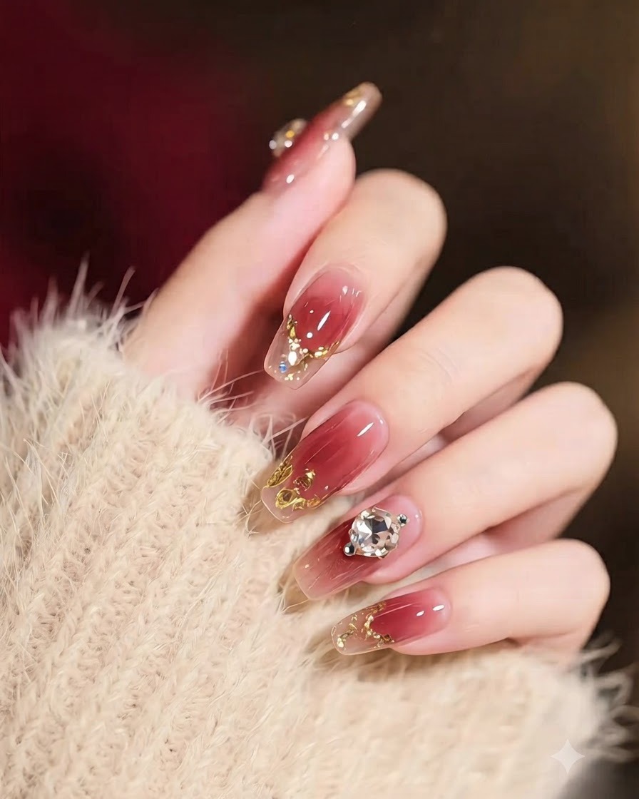 Nahaufnahme einer Hand in einem transparenten, cremefarbenen Ärmel, die Burgunder-Ombré-Nägel mit Blattgolddetails zeigt.