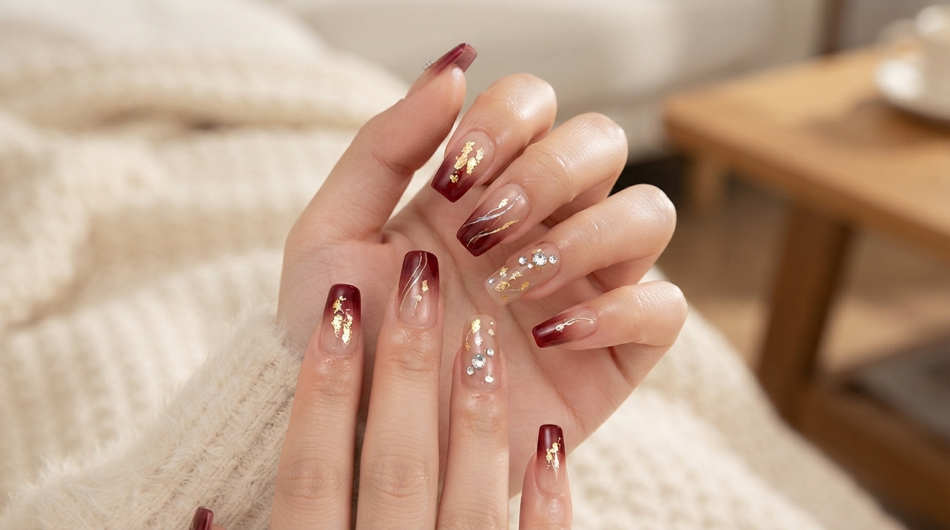 Neujahrs-Burgund-Verlauf und Strass-Gel-Nägel — Schritt-für-Schritt-Anleitung