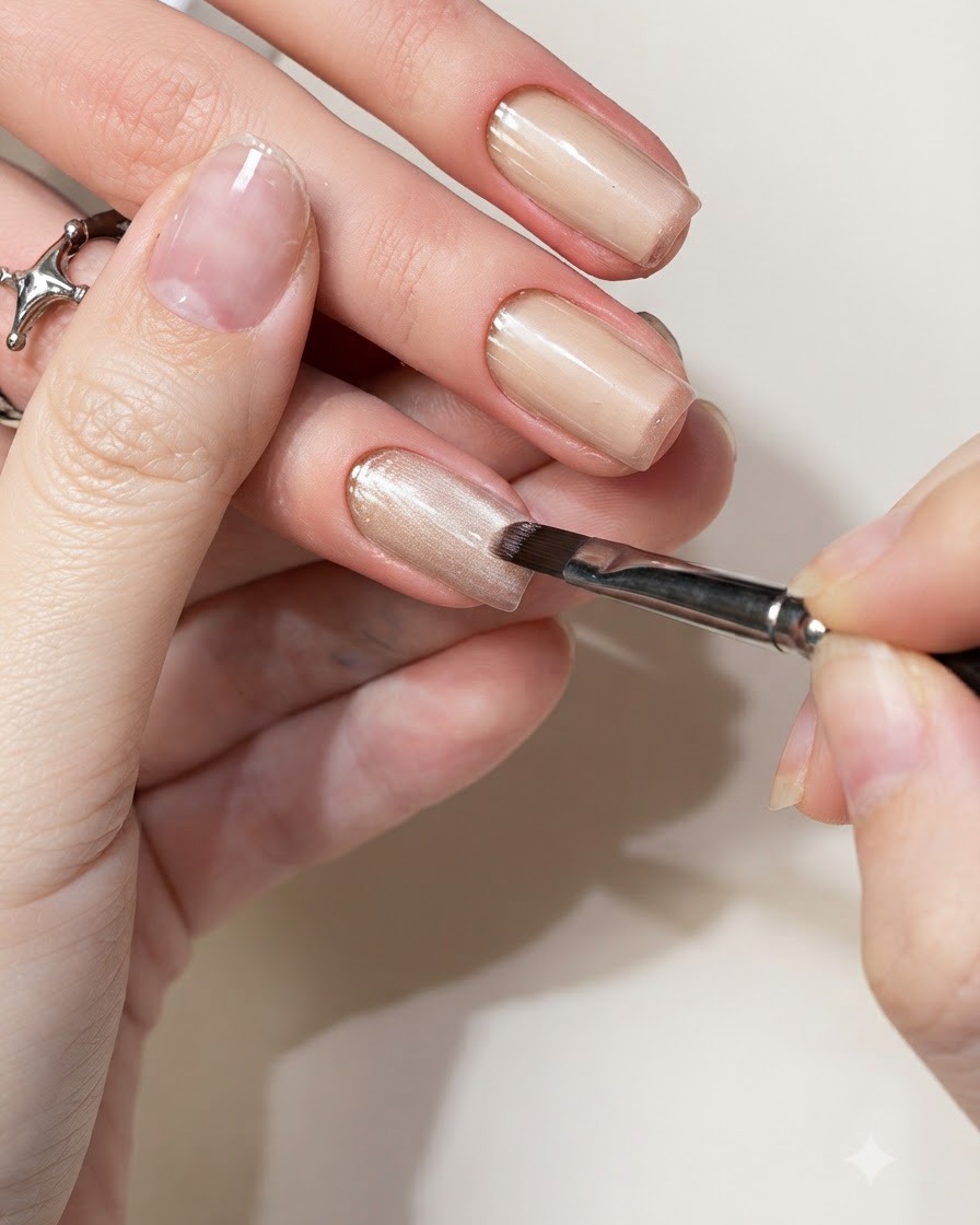Eine Nahaufnahme, in der ein Nagelpinsel helles, schimmerndes Cat-Eye-Gel auf den Fingernagel einer Kundin aufträgt.