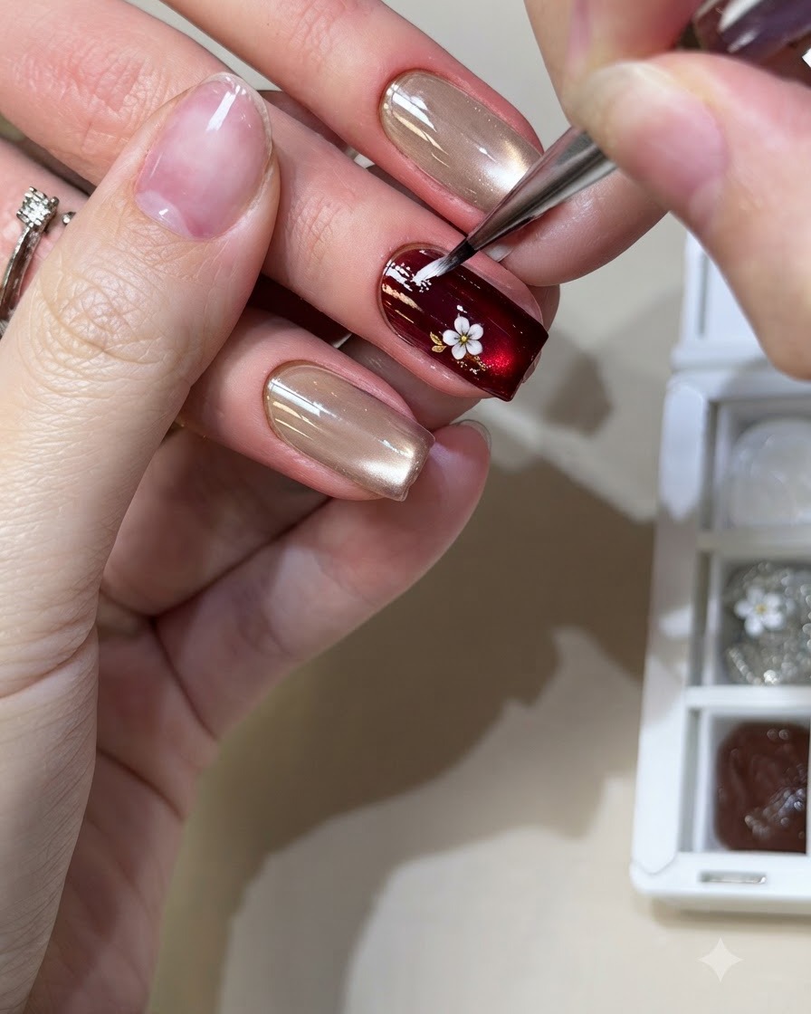Ein feiner Liner-Pinsel malt kleine weiße Blütenblätter auf einen dunkelbordeauxfarbenen und goldfolierten Nagel.