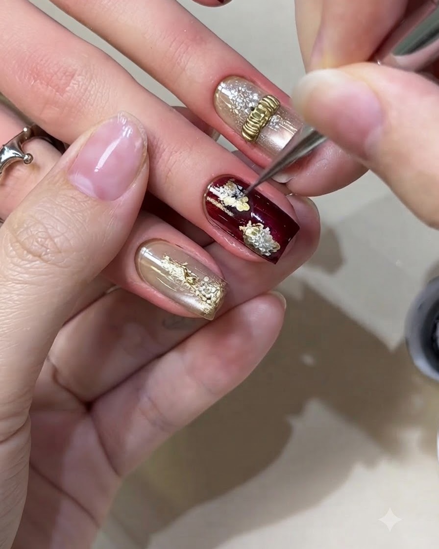 Ein feiner Liner-Pinsel fügt winzige schwarze feine Linien in die Mitte einer weißen Nagelart-Blüte hinzu.